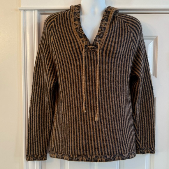 Peruvian Alpaca Striped Hoodie Sweater Handmade Free Size (fits S-M Best) Brown - Picture 1 of 6